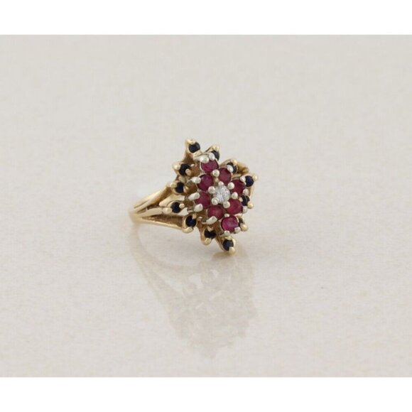 14k Yellow Gold Natural Diamond, Ruby, Blue Sapphire Ring Size 5 1/2 - Picture 3 of 8